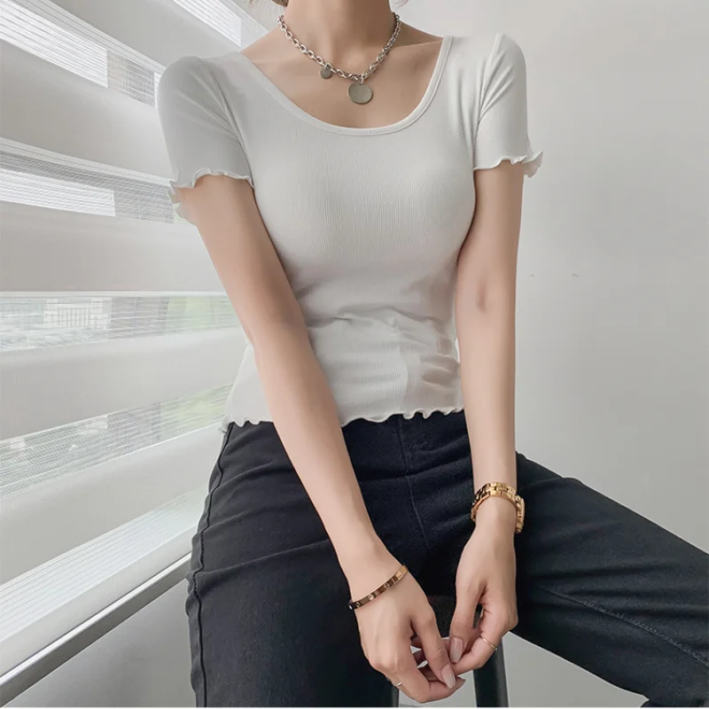 Однотонная трикотажная облегающая футболка в рубчик, женские повседневные Летние Короткие топы с круглым вырезом и коротким рукавом, базов... 
Однотонная трикотажная облегающая футболка в рубчик, женские повседневные Летние Короткие топы с круглым вырезом и коротким рукавом, базов...