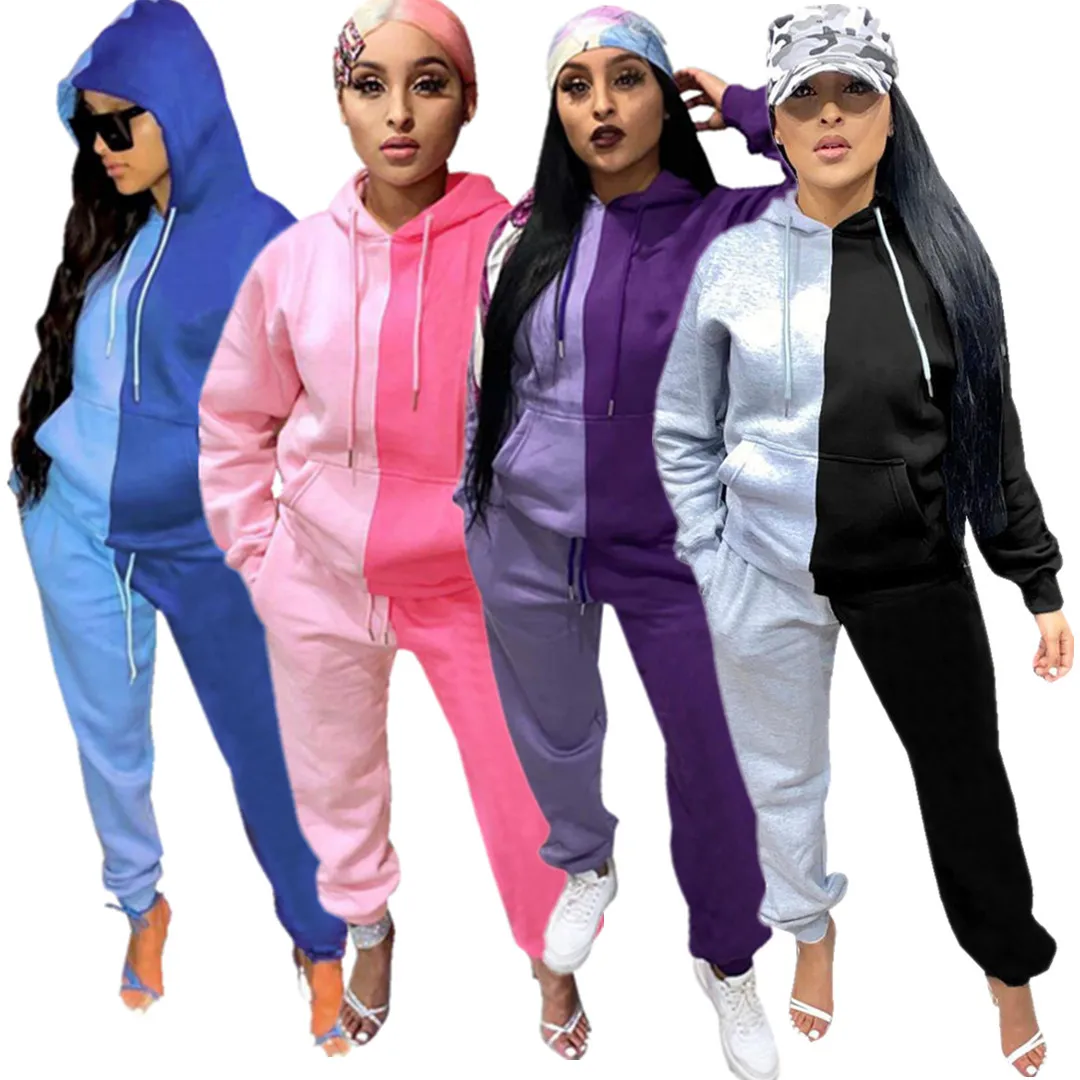 Solid color stitching street style two piece suit fashion sportswear women's suit long sleeve Hoodie sweatpants set winter women
Solid color stitching street style two piece suit fashion sportswear women's suit long sleeve Hoodie sweatpants set winter women