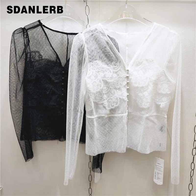 Hollow Out V-neck Lace Polka Dot Mesh Bottoming Shirt for Women 2021 Early Autumn Embroidered Flower Transparent Sexy Blouse 
Hollow Out V-neck Lace Polka Dot Mesh Bottoming Shirt for Women 2021 Early Autumn Embroidered Flower Transparent Sexy Blouse