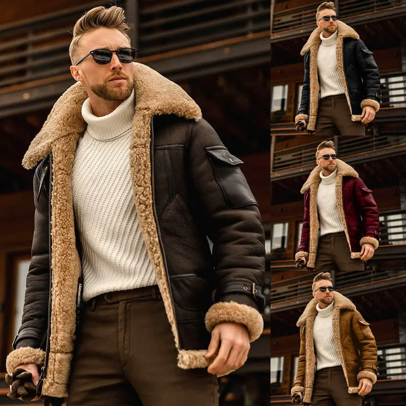 

Новинка 2021, мужское меховое цельнокроеное пальто FAKUNTN, утепленная кожаная куртка средней длины, в европейском и американском стиле