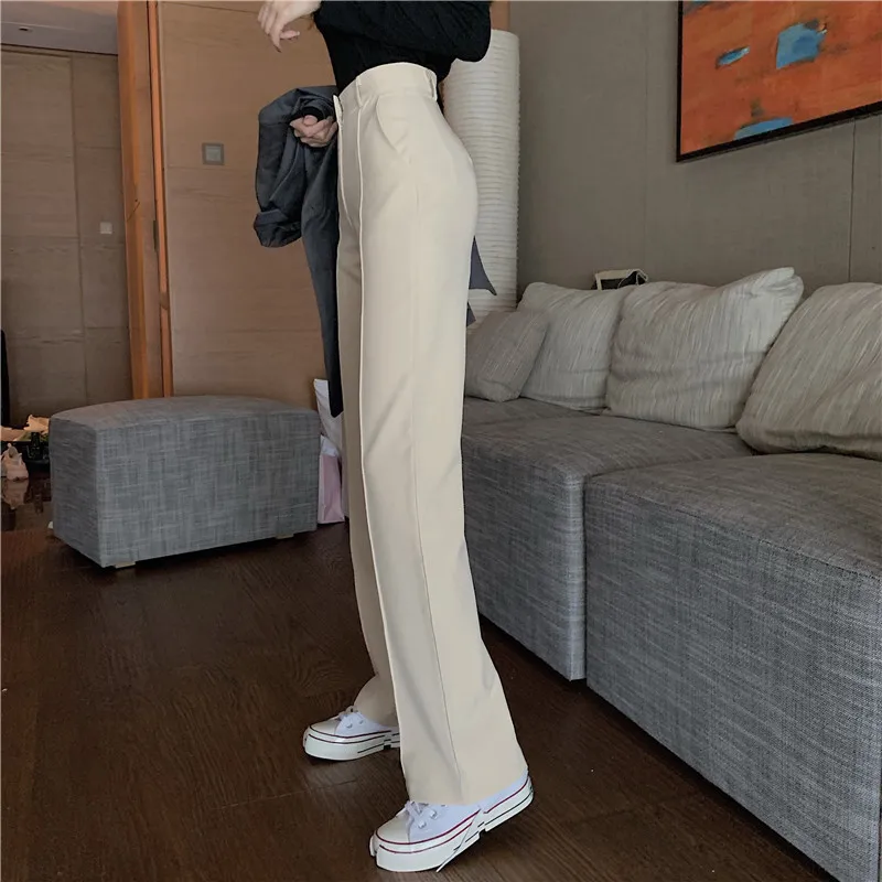 Elegant Women's Pants Spring Autumn Solid High Waist Buttons Wide Leg Office Lady Straight Slim Trousers Femme | Женская одежда