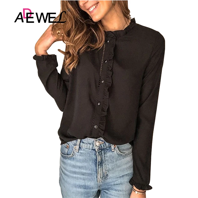 

ADEWEL Black Frilled Neckline Buttoned French Shirt Blusas Mujer De Moda Plus Size Long Sleeve Women Roupas Femininas Top 2XL