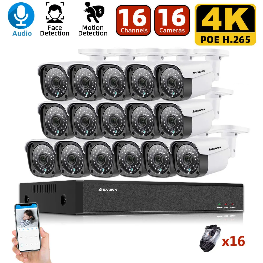 

Система видеонаблюдения H.265 + 16 каналов, 4K 8 Мп, POE, NVR, 8 Мп, наружные водонепроницаемые IP-камеры с записью звука и ии, комплект для видеонаблюде...
