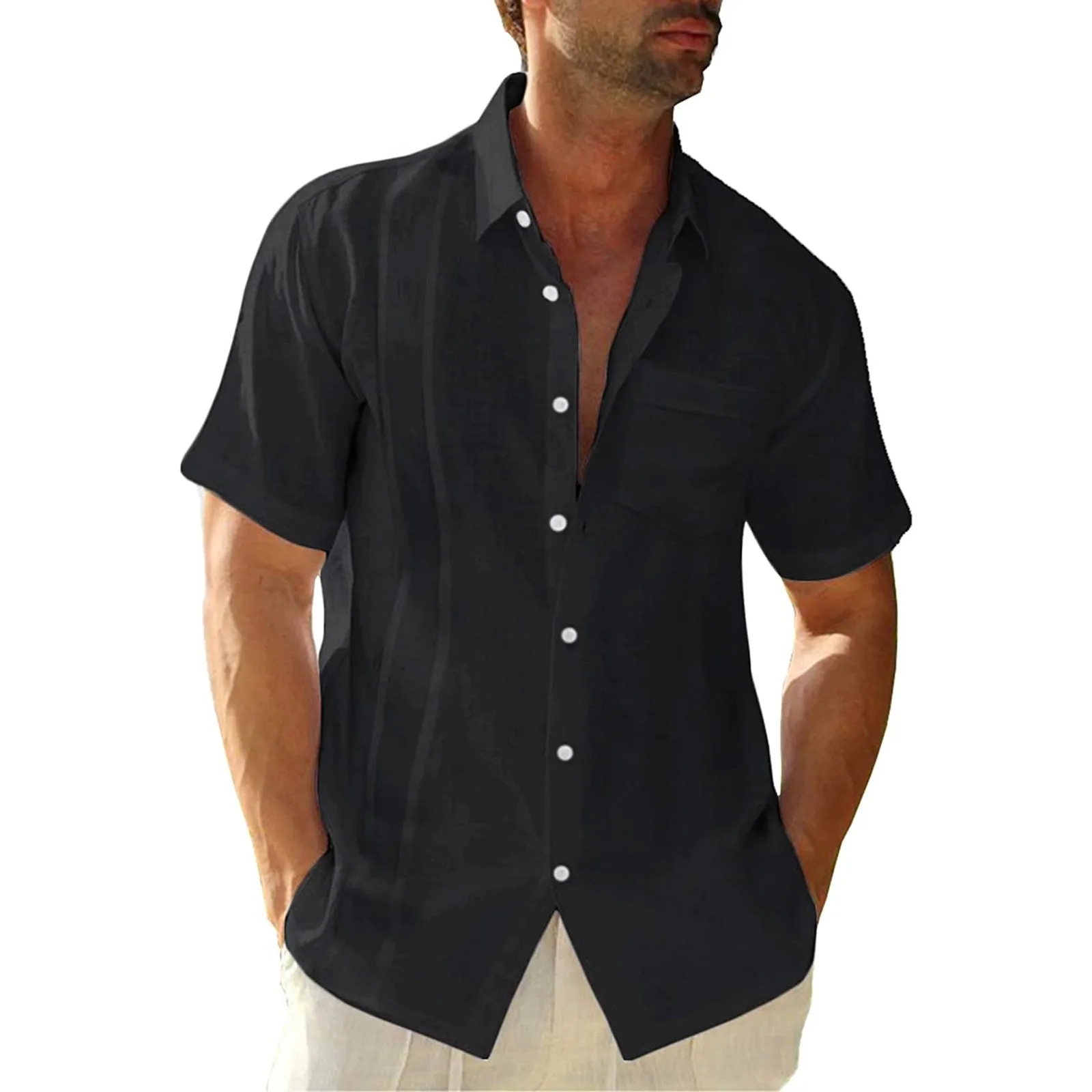 

Рубашка мужская с коротким рукавом, сорочка из хлопка и льна, однотонная блуза с принтом в полоску, на пуговицах, с нагрудным карманом, Кофта 3, лето
