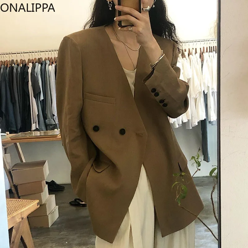 Женская Осенняя однотонная элегантная свободная повседневная куртка ONALIPPA в Корейском стиле с двумя пуговицами и длинным рукавом, 2021
Женская Осенняя однотонная элегантная свободная повседневная куртка ONALIPPA в Корейском стиле с двумя пуговицами и длинным рукавом, 2021