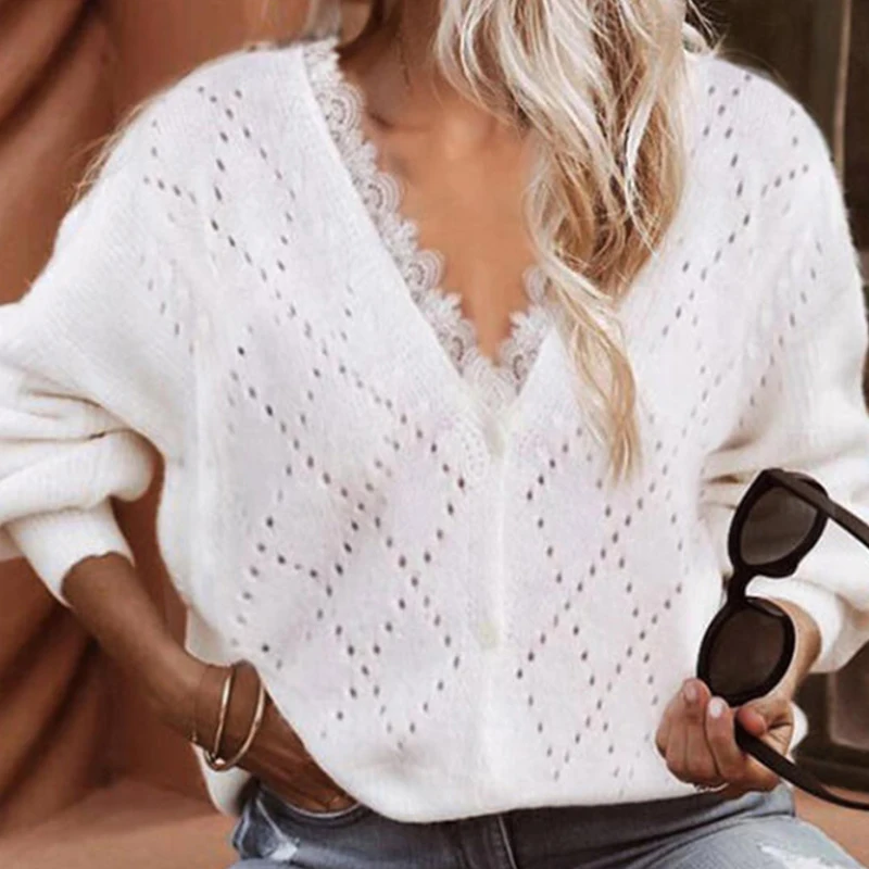 Winter Women Solid Color Knitted Sweater Cardigan V Neck Single Breasted Lace Loose Sweater Cardigan OL Sweater Cardigan 2021
Winter Women Solid Color Knitted Sweater Cardigan V Neck Single Breasted Lace Loose Sweater Cardigan OL Sweater Cardigan 2021