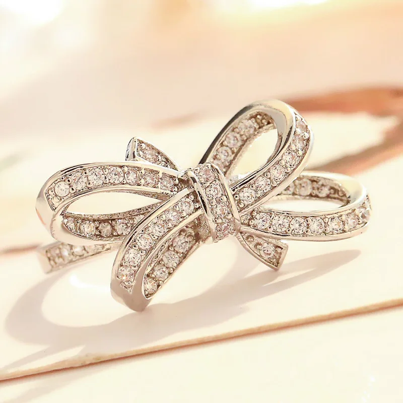 

PANJBJ 925 Sterling Silver Rings For Women Mosaic CZ Zircon Bowknot Resizable Rings Bague Femme Fashion Geometric Jewelry