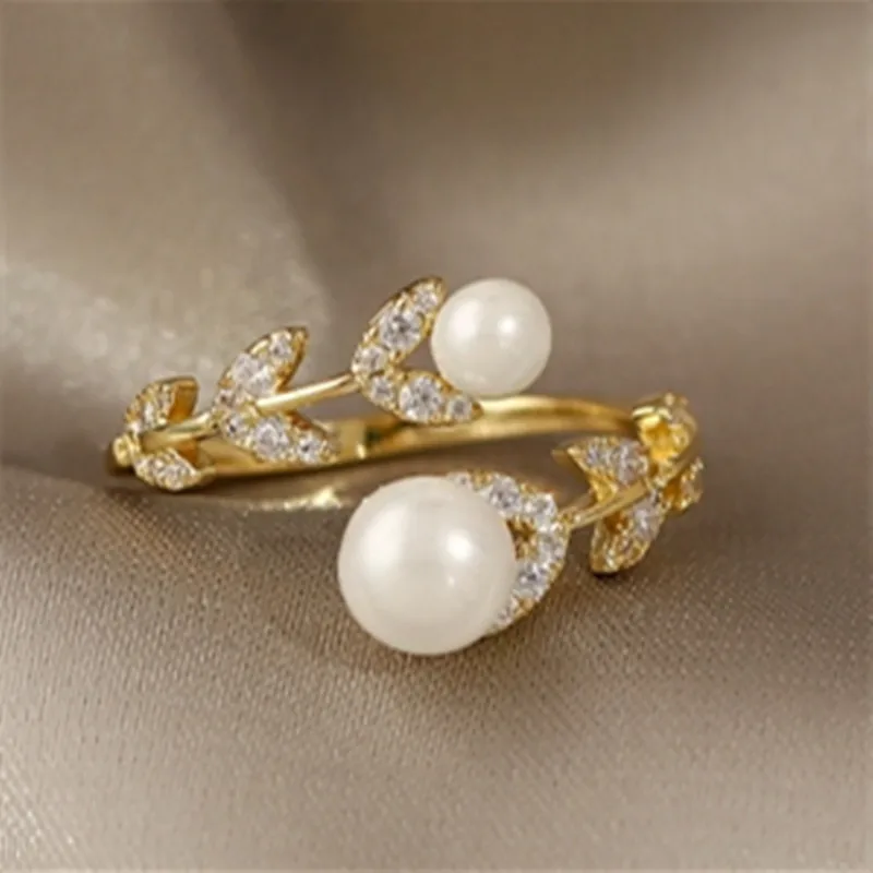 

Creative Zircon Leaf Pearl Gold Color Women's Opening Ring 2021 Korean Fashion Jewelry Neo Gothic Party Girl Unusual Ring
