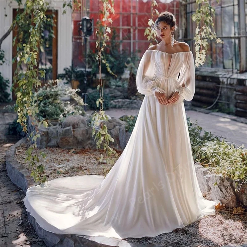 Chic Chiffon Wedding Dresses With Off The Shoulder 2021 Puff Sleeves V-Neck Bridal Gowns Dubai Long Train Brides Dress Vestidos
Chic Chiffon Wedding Dresses With Off The Shoulder 2021 Puff Sleeves V-Neck Bridal Gowns Dubai Long Train Brides Dress Vestidos