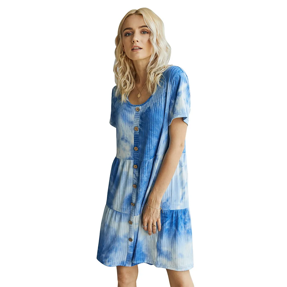 Women Summer Tie Dye Print Dress Sundress Elegant Short Sleeve Buttons Stripes Gradient Loose Bohemian Dress Beach Party Vestido
Women Summer Tie Dye Print Dress Sundress Elegant Short Sleeve Buttons Stripes Gradient Loose Bohemian Dress Beach Party Vestido