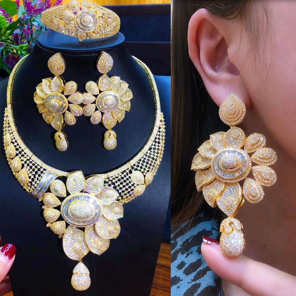 

missvikki Famous Brand Super Luxury Flower Leaf Women Wedding Cubic Zirconia Lariat Necklace Earring Bangle Ring Jewelry Set New