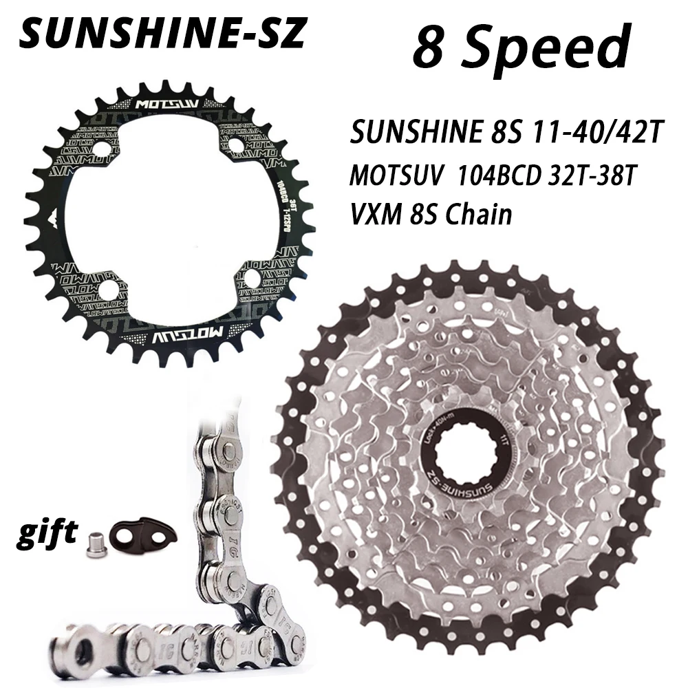 Колесо шоссейного велосипеда SUNSHINE New MTB, 8 скоростей, велосипедное свободное колесо 11-40T 42T кассета маховик 104BCD, цепь 32T 34T 36T 38T VXM 8S
Колесо шоссейного велосипеда SUNSHINE New MTB, 8 скоростей, велосипедное свободное колесо 11-40T 42T кассета маховик 104BCD, цепь 32T 34T 36T 38T VXM 8S