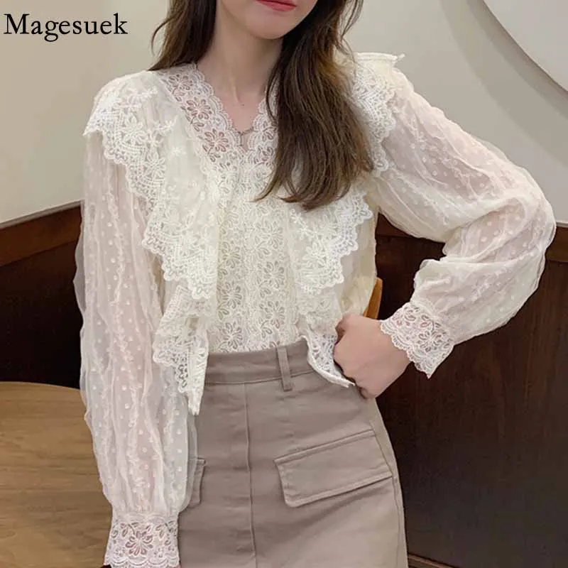 

French V-neck Ruffles Blouse Women Hollow Out Flower Lace Shirts Autumn Long Sleeve Tops New Blusas Maujer Casual Clothes 17061