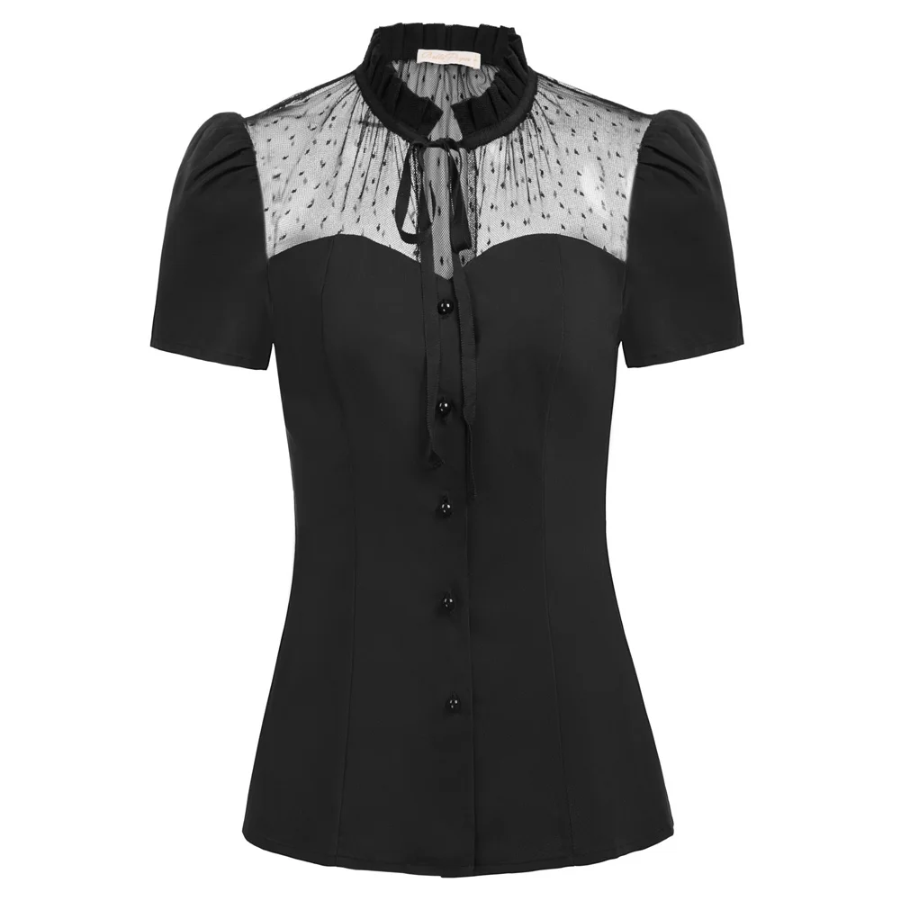 Women's See-Through Mesh Patchwork Shirt Tops Short Puff Sleeve Stand Collar Blouses Office Lady Elegant Retro Summer Shirts New
Women's See-Through Mesh Patchwork Shirt Tops Short Puff Sleeve Stand Collar Blouses Office Lady Elegant Retro Summer Shirts New