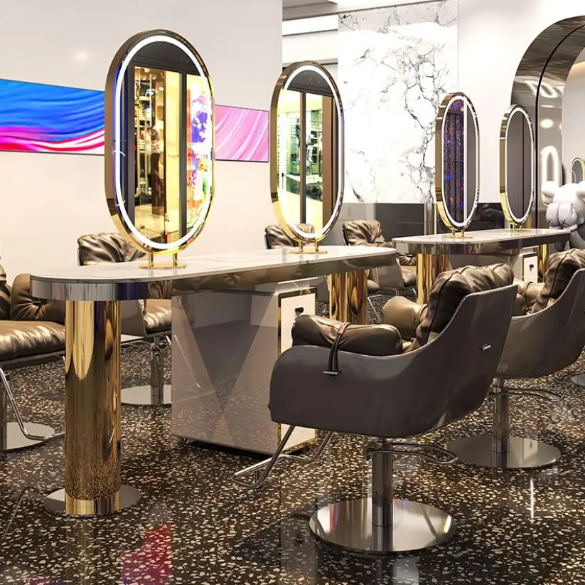 Salon barbershop marble mirror table double stainless steel Hairdressing mirror hair salon special haircut ribbon LED light
Salon barbershop marble mirror table double stainless steel Hairdressing mirror hair salon special haircut ribbon LED light