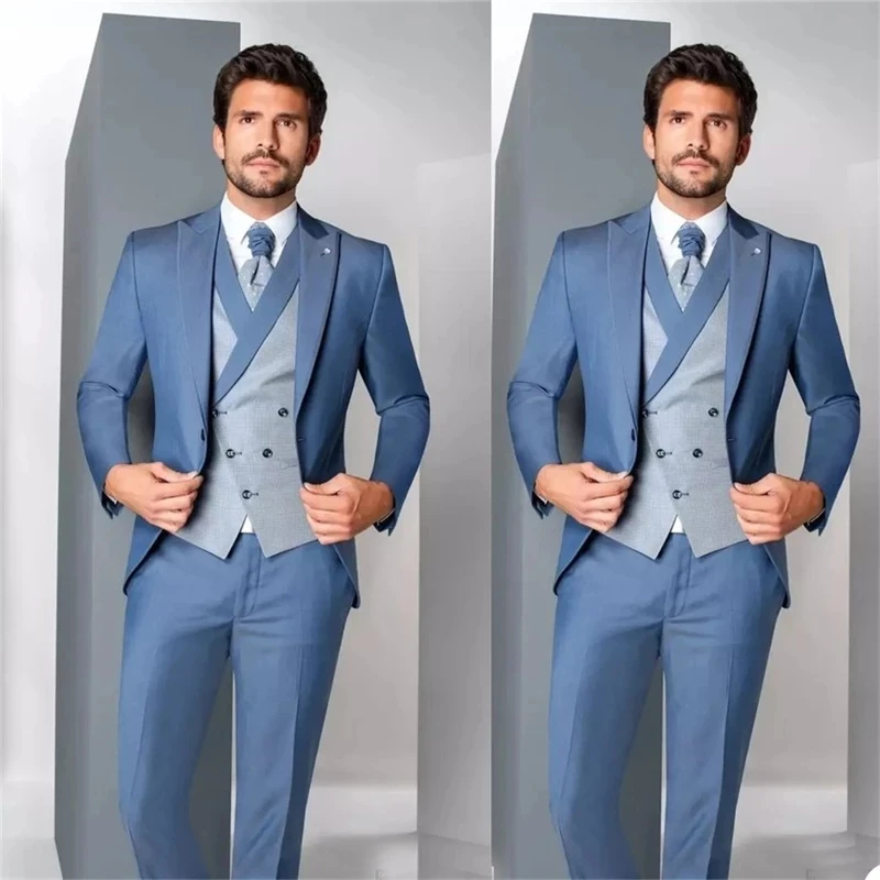 

Новейшие великолепные синие мужские костюмы 3 шт. костюм мужской жениха свадебный блейзер (пиджак + брюки + жилет) облегающий костюм Terno Masculino