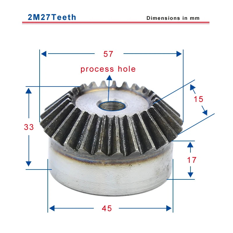 2M27 teeth bevel gear outer diameter 57 mm total height 33 mm process hole low carbon steel material gear
2M27 teeth bevel gear outer diameter 57 mm total height 33 mm process hole low carbon steel material gear