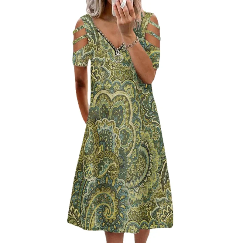 Women's Skirt Clothing Summer Ladies European and American Style Multi-picture Casual Short-sleeved Zipper V-neck Dress WE134 
Women's Skirt Clothing Summer Ladies European and American Style Multi-picture Casual Short-sleeved Zipper V-neck Dress WE134