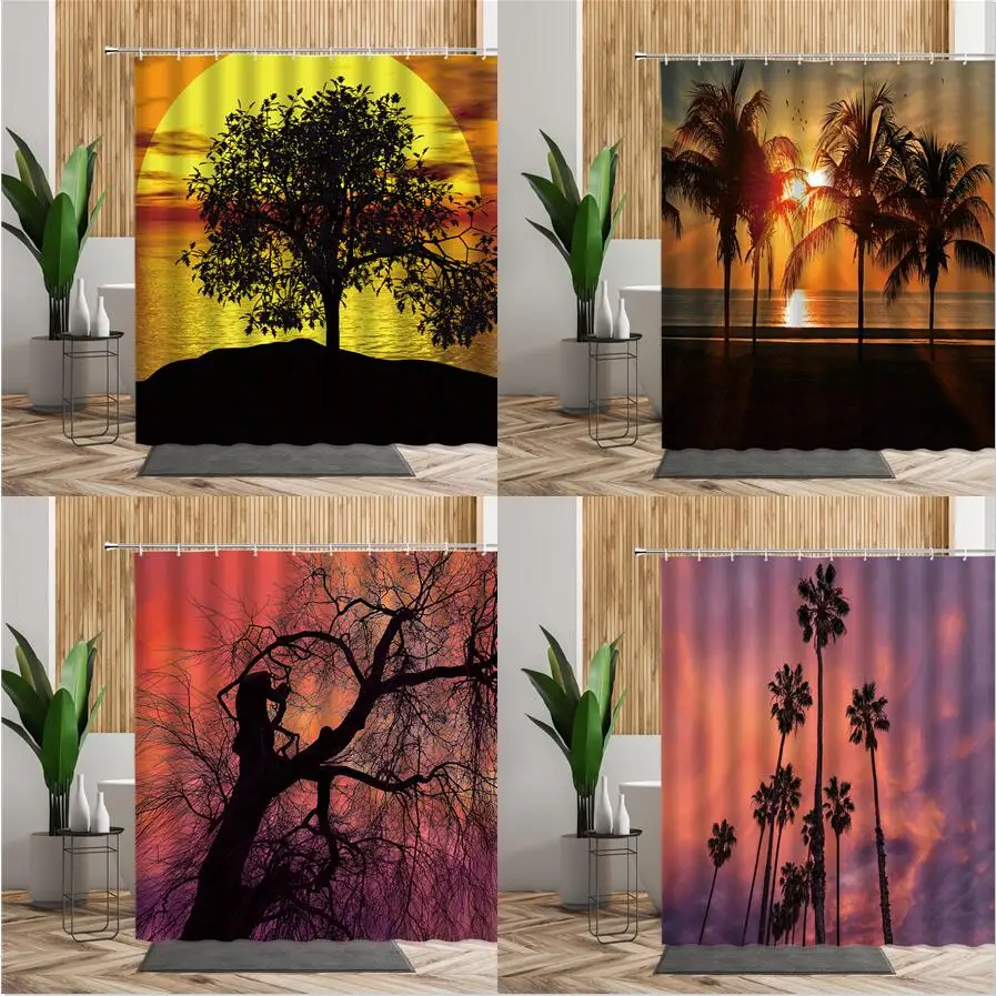 

Sunset Forest Scenery Shower Curtain Coconut Tree Woods Bathroom Decors 3D Dusk Natural Landscape Bath Cloth Waterproof Curtains