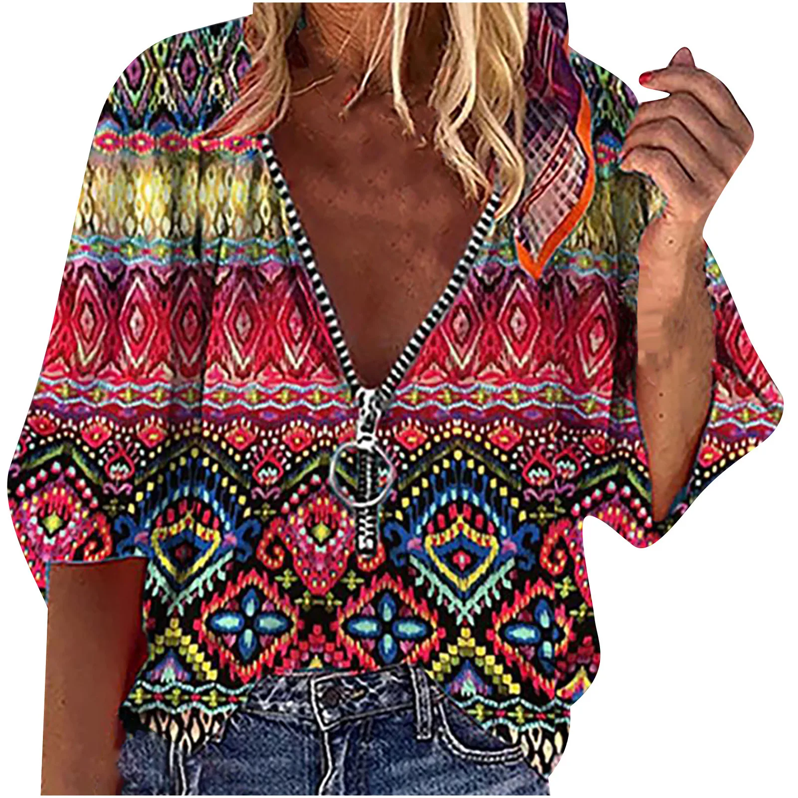 Temperament Personal Style Summer Top Women V-neck Printed Zipper T-shirt Sleeves Pullover Holiday Style Blouse
Temperament Personal Style Summer Top Women V-neck Printed Zipper T-shirt Sleeves Pullover Holiday Style Blouse