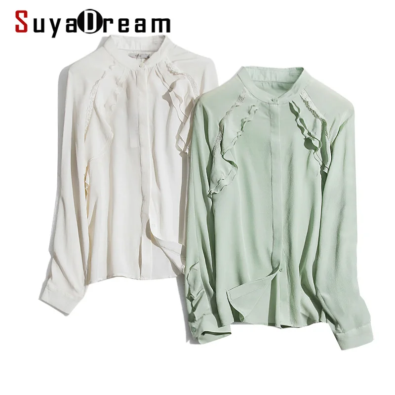 

SuyaDream Women Lace Blouse 100%Real Silk Crepe Long Sleeved Round Collar Ruffles Office Blouses 2020 Spring White Shirt