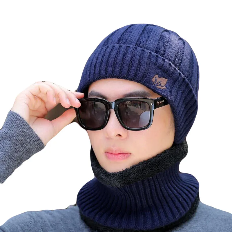 Winter Skullies Knitted Wool Beanies Men's Hat Sets Scarf Man Hip Hop cap Maple Leaf Plus Velvet Warm Hats For Men Hood | Аксессуары