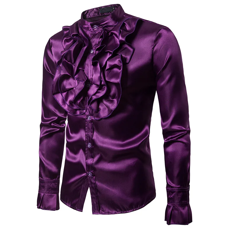 Мужская шелковая атласная рубашка фиолетовая приталенная винтажная
