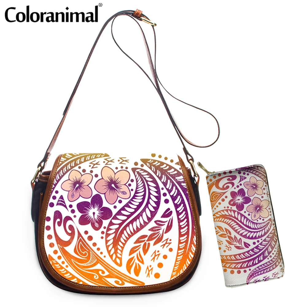 

Coloranimal New Style PU Leather Crossbody Bag With Hasp Polynesian Tropical Hibiscus Prints Girls Shoulder Bag 2Set Tote Bolsa