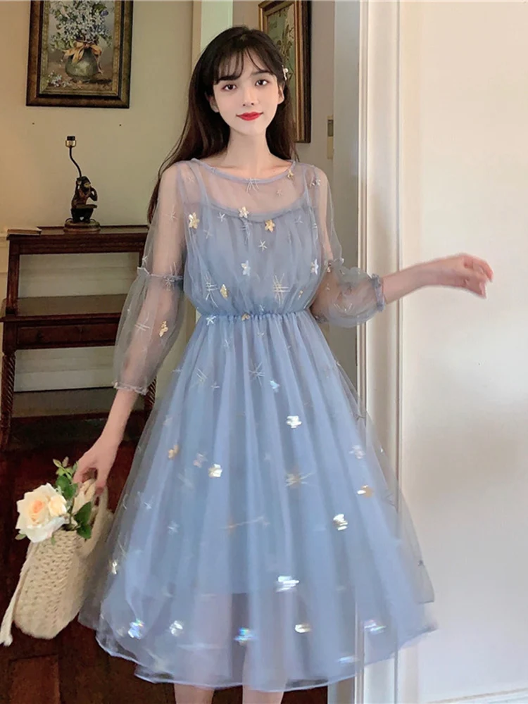 

Summer Dress Women Elegant Lace Fairy Dress Casual Puff Sleeve Applique Flowers Voile Whith Lining Designer Middle Dress 2021