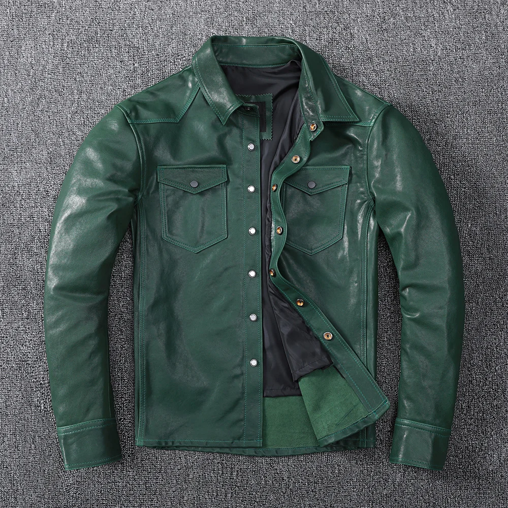 green Free shipping,fashion tanning Sheepskin shirt.quality young genuine jacket.soft slim leather shirt. 
green Free shipping,fashion tanning Sheepskin shirt.quality young genuine jacket.soft slim leather shirt.