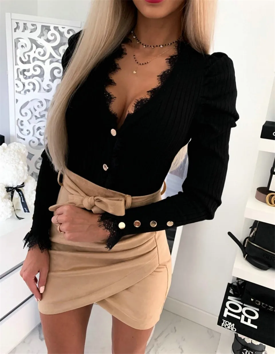 Sexy Deep V-neck Lace Patchwork Knitted T-shirt Elegant Slim Single Breasted Tops Fashion 2020 Spring Long Sleeve Black T-shirts | Женская
