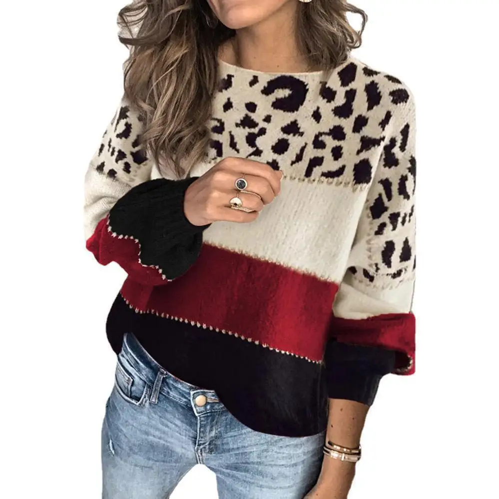 Женский свитер контрастной расцветки свободный с круглым вырезом в европейском