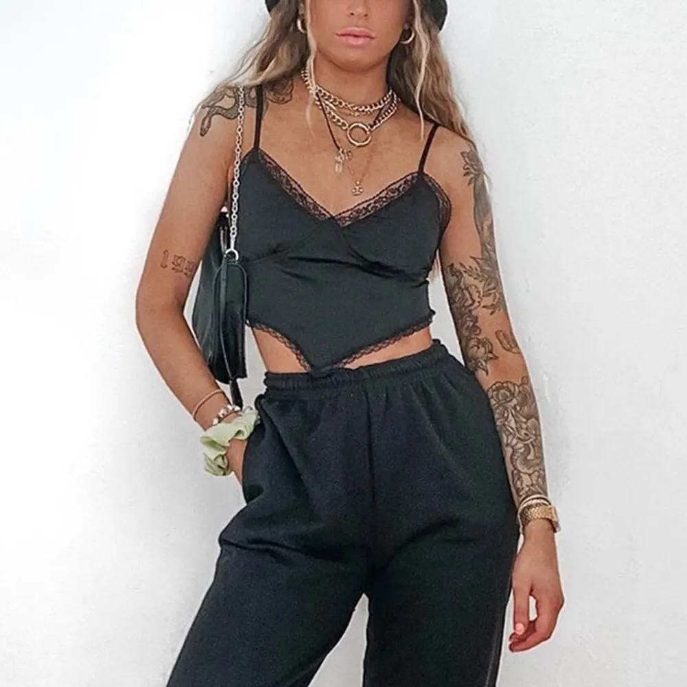 Fashion Bandage Lace Trim Cami Tops Sweet Spaghetti Strap V-neck Backless Satin Crop Tops Streetwear Sexy Party Tops
Fashion Bandage Lace Trim Cami Tops Sweet Spaghetti Strap V-neck Backless Satin Crop Tops Streetwear Sexy Party Tops