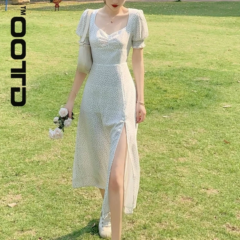 French Chiffon Dress Women Puff Sleeve Point Print Vintage Retro Dress Office Lady Casual Summer Elegant Split Dress Women 2021
French Chiffon Dress Women Puff Sleeve Point Print Vintage Retro Dress Office Lady Casual Summer Elegant Split Dress Women 2021