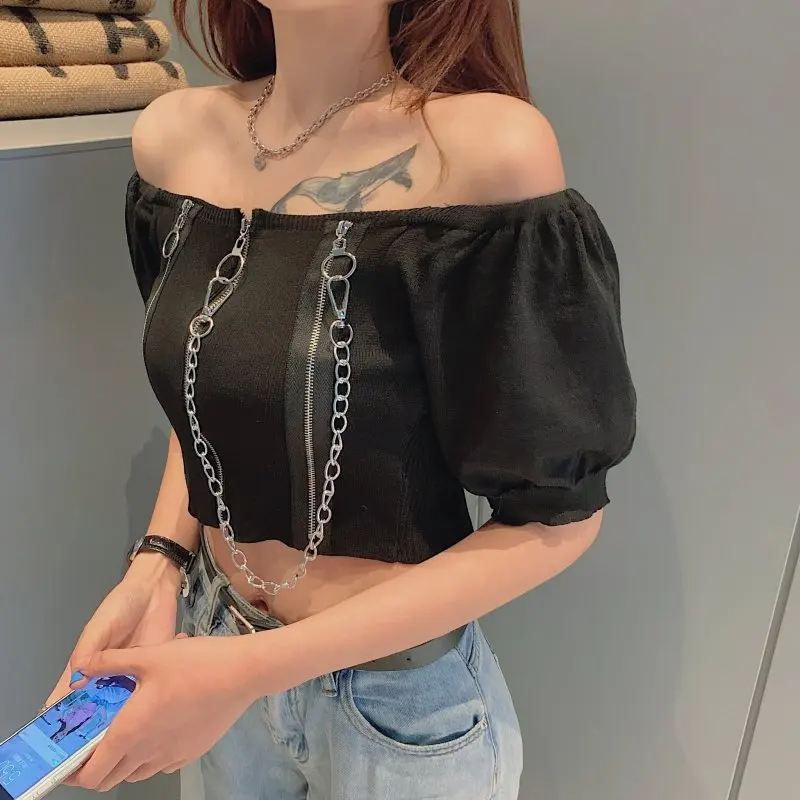 Zoki Gothic Women Short T Shirt Summer Club Night Knitted Zipper Sexy Off Shoulder Ladies Cropped Tee Streetwear Puff Sleeve Top
Zoki Gothic Women Short T Shirt Summer Club Night Knitted Zipper Sexy Off Shoulder Ladies Cropped Tee Streetwear Puff Sleeve Top