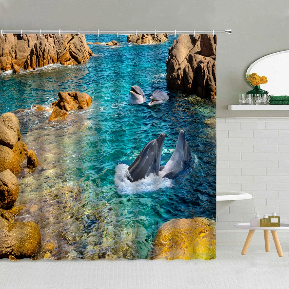 

3D Sea Reef Dolphin Beach Natural Scenery Shower Curtain High Quality Frabic Bathroom Supplies Decor With Hooks Cloth Curtains