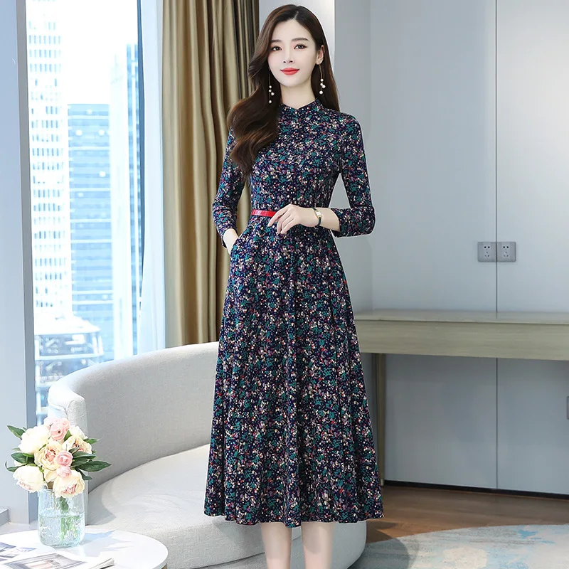 New Autumn Dress Female Long-sleeved Temperament Stand Collar Single-breasted Big Swing Casual Printing Blue Dress Women Q244
New Autumn Dress Female Long-sleeved Temperament Stand Collar Single-breasted Big Swing Casual Printing Blue Dress Women Q244