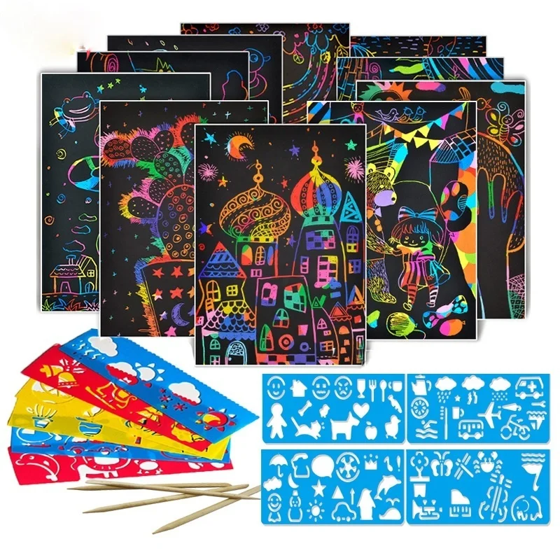 50 Sheets Scraping Painting Papers Kids DIY Craft Drawing Magic Rainbow Color Scratch Art Paper Card Set with Graffiti Stencils
50 Sheets Scraping Painting Papers Kids DIY Craft Drawing Magic Rainbow Color Scratch Art Paper Card Set with Graffiti Stencils