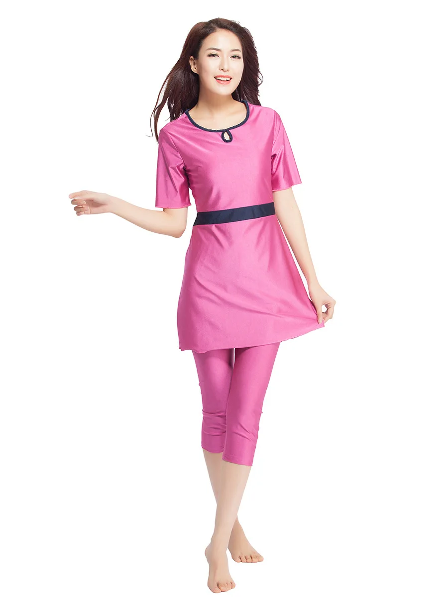 Summer New Arrival Women Two-piece Elastic Muslim Swimsuit Female Quick Dry O-neck Swim Wear Girl Solid Bathing Suit Size XS-XXX | Спорт и
