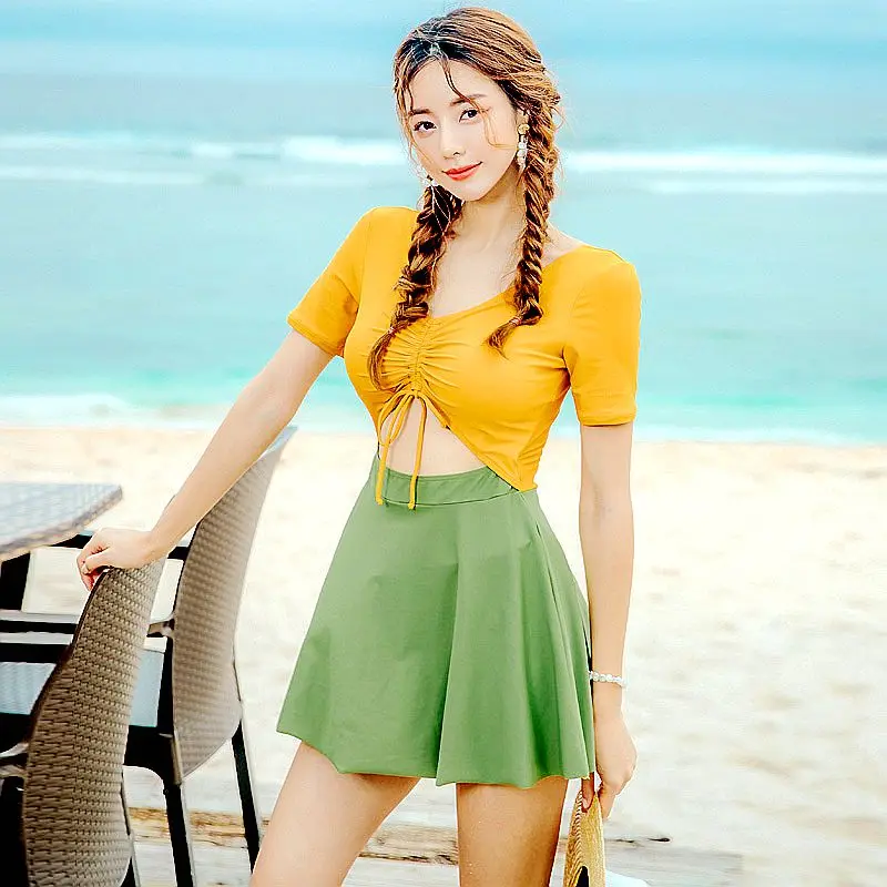 Women's Swimwear Show Thin Covered Belly Contrasted One-Piece Skirt Flat-Angle Anti-Walking Drawstring Chest Waist Hollow 
Women's Swimwear Show Thin Covered Belly Contrasted One-Piece Skirt Flat-Angle Anti-Walking Drawstring Chest Waist Hollow