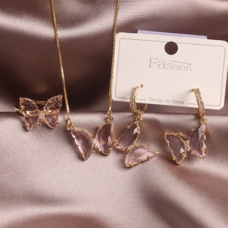 2020 Korean new dedesign fashion jewelry exquisite copper inlaid zircon glass butterfly purple pink earrings for women | Украшения и