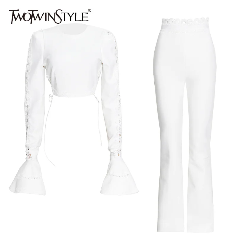 TWOTWINSTYLE White Suit For Women Slim O Neck Flare Sleeve Lace Up Short Top High Waist Full Length Pant Casual Sets Female 2021
TWOTWINSTYLE White Suit For Women Slim O Neck Flare Sleeve Lace Up Short Top High Waist Full Length Pant Casual Sets Female 2021