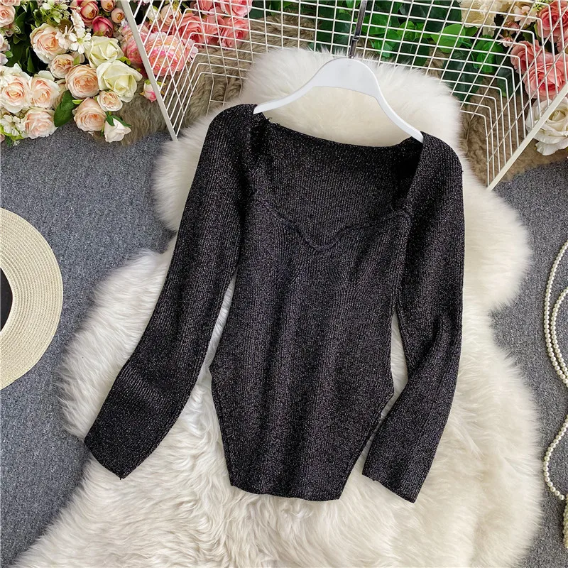 Autumn Spring New Knitted Shinning Sweater Shirts Women V-neck Long Sleeve Knit Jumpers Pullovers Tops For Female
Autumn Spring New Knitted Shinning Sweater Shirts Women V-neck Long Sleeve Knit Jumpers Pullovers Tops For Female