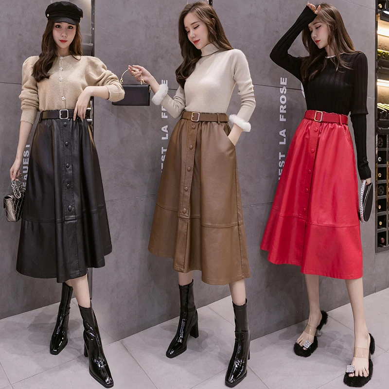 Faux Leather Flared Skater Skirt Midi skirt Button Sashes elegeant high waist skirt korean Casual long skirts women's skirt 2021
Faux Leather Flared Skater Skirt Midi skirt Button Sashes elegeant high waist skirt korean Casual long skirts women's skirt 2021
