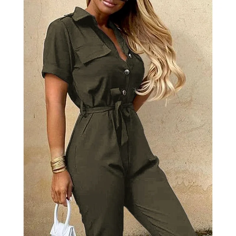 WEPBEL Summer Women's Belt Jumpsuits Office Lady V-Neck Shirt Rompers Female Short Sleeve Print Stripe Belt Overalls
WEPBEL Summer Women's Belt Jumpsuits Office Lady V-Neck Shirt Rompers Female Short Sleeve Print Stripe Belt Overalls
