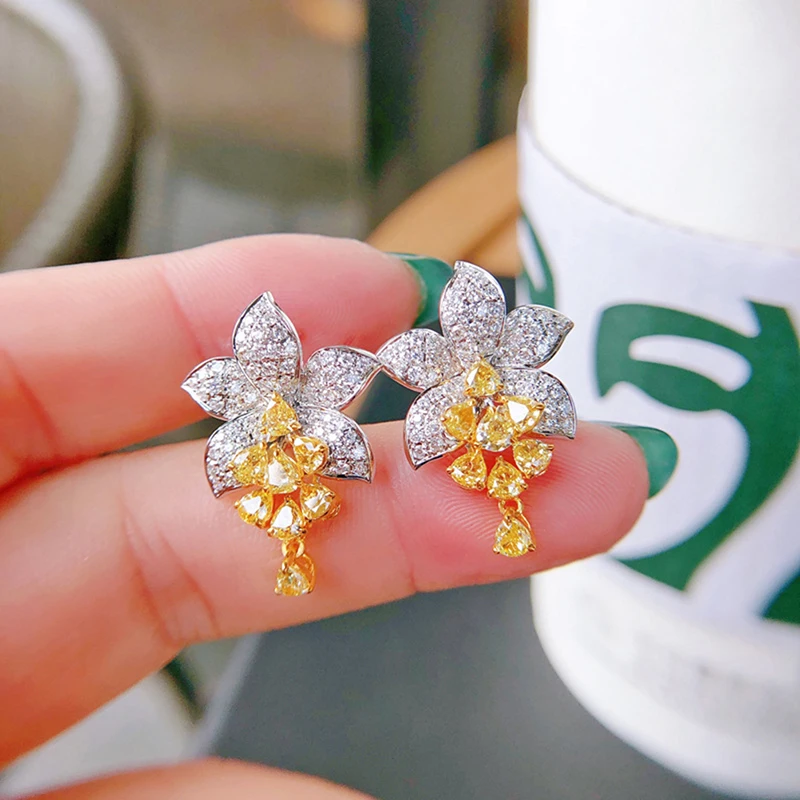 1 Pair Elegant Flower 925 Silver Earrings for Women Yellow Earing Drop Earrings Ladies Girl Party Jewelry Accessories Decoration