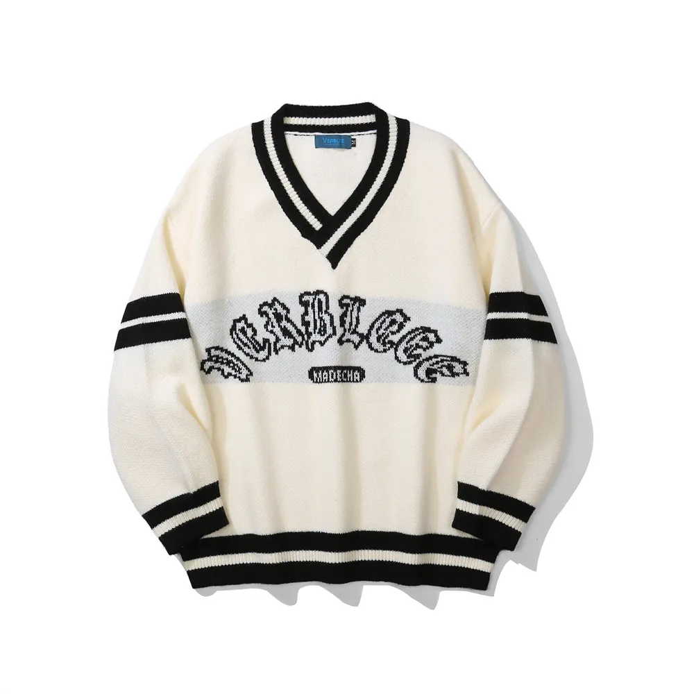 Men Hip Hop Sweater Pullover Streetwear Letter Jacquard V-Neck Knitted Sweater Harajuku Vintage Autumn Cotton Sweaters Couples
Men Hip Hop Sweater Pullover Streetwear Letter Jacquard V-Neck Knitted Sweater Harajuku Vintage Autumn Cotton Sweaters Couples
