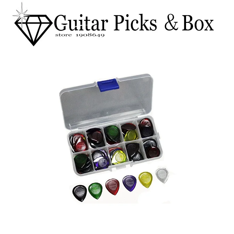 

40pcs Durable Clear Water-drop Acoustic Electric Guitar Picks Plectra 1.0 2.0 3.0mm + 10 Grid Picks Case guitar pick and box