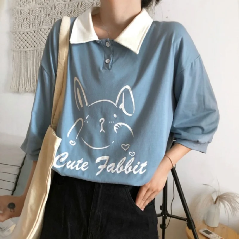New Summer School Style Cute Rabbit Print Lantern Sleeve Loose Lapel T-shirt Women's Clothing
New Summer School Style Cute Rabbit Print Lantern Sleeve Loose Lapel T-shirt Women's Clothing