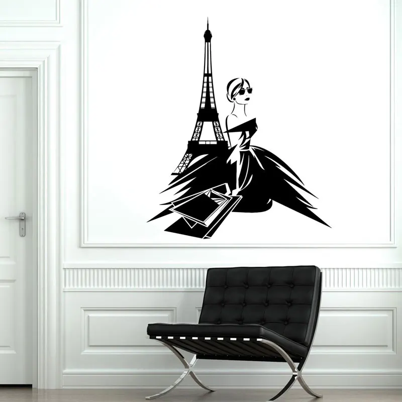 

Paris France Sexy Woman Shopping Tower Vinyl Wall Sticker Art Home Decoration Girls Room Fashion Shop Decals Window Murals A388